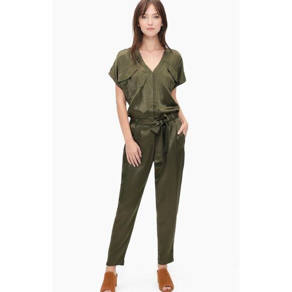 Splendid Pants - SPLENDID Olive Green Satin Short Sleeve V-Neck Belted Jumpsuit With Pockets